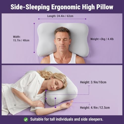 ZZ-WELL Side Sleeper Pillow - Patented Cervical Neck Pillow for Sleeping with Cooling Cover - High Loft Heavy Density Memory Foam Pillows for Side Sleepers & Broad Shoulders Adults (Grey) - Image 2