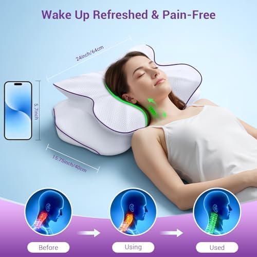 AZBESTPRO Memory Foam Cervical Pillow for Neck Support & Pain Relief, Butterfly Ergonomic Design – 24×15.75×5.7 Inches, Removable 100% Polyester Pillowcase, Suitable for Side & Back Sleepers (Purple) - Image 2