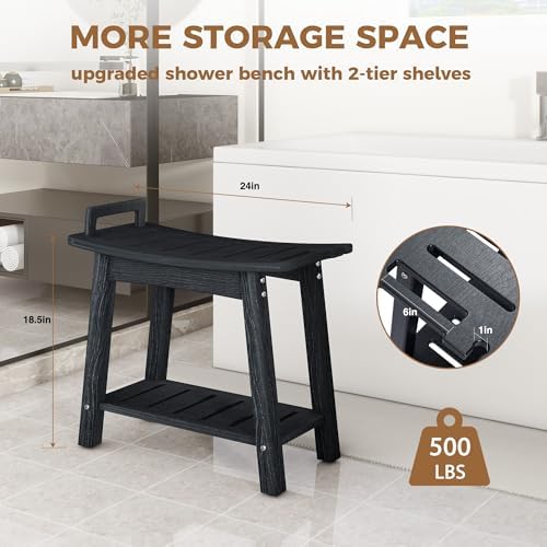 FLyjoe 24 INCH Extra Large Shower Bench for Inside Shower Shaving Legs, Waterproof HDPE Shower Chair Seat with Storage Shelf and Handles Spa Shower Stool for Bath Tub Bathroom Use, Black - Image 3