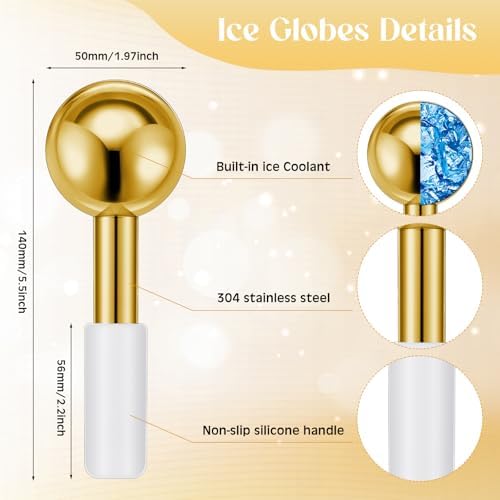 Baderke 2 Pcs Ice Globes for Face Stainless Steel Cooling Globes Unbreakable Cooling Roller Women Ice Balls Cryo Sticks Facials Skin Care for Dark Circles, Puffiness(Gold (White Handle)) - Image 2