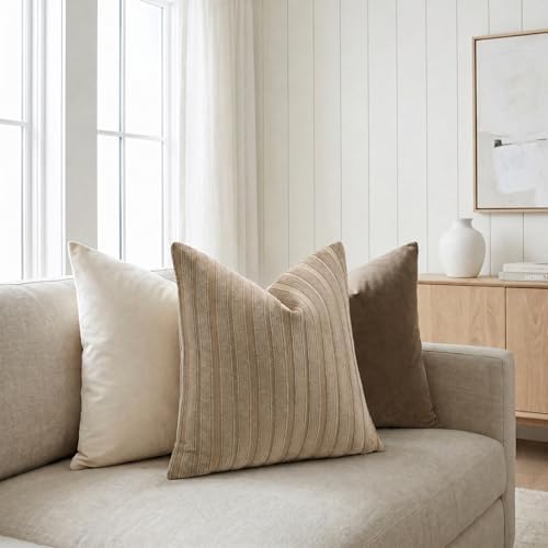 DEZENE 24x24 Khaki Throw Pillow Covers Pack of 2 Soft Striped Corduroy Square Neutral Pillow Cases for Couch Sofa Bedroom Living Room Home Decor - Image 4