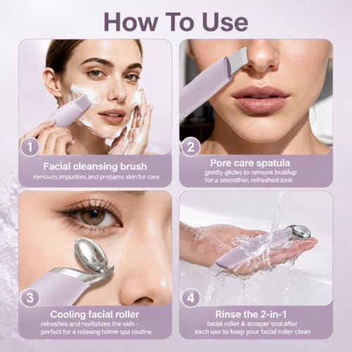 Ice Roller for Face & Eyes, Cooling Facial Roller with Blackhead Remover & 2 Silicone Brushes, Stainless Steel Face Roller for Puffiness, Pores & Deep Cleansing (Purple) - Image 6
