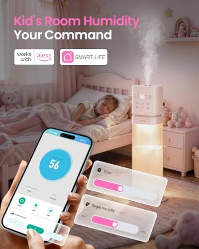 Humidifiers for Bedroom 2.1Gal/8L, Smart Humidifier for Large Room, Cool Mist Humidifiers for Home Kids Baby Plants, Top Fill Humidifier with Extension Tube, WIFI APP & Voice Control, Pink - Image 3