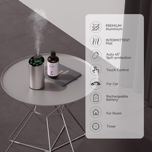 Waterless Essential Oil Diffuser Scent Aromatherapy Diffusers for Home Large Room, Car, Office, Portable Battery Operated Cordless Air Freshener, 4 Timers & 3 Mist Levels, 100ml Capacity (Silver) - Image 2