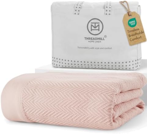 Threadmill Luxury 100% Cotton King Herringbone Blanket, English Rose by ThreadmillHomeLinen