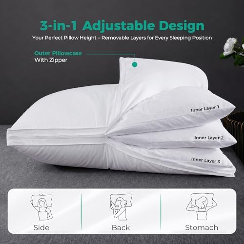 Three Geese Adjustable Layer Goose Feather Pillow,Assemblable Bed Pillow,100% Soft Organic Cotton Cover,Good for Side and Back Stomach Sleeper, Queen Size,Packaging Include 1 Pillow - Image 2