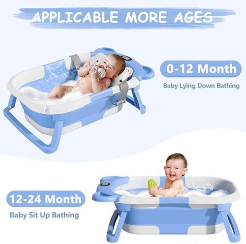 MoreFeel Collapsible Baby Bathtub for Newborn with Thermometer & 1 Hooded Towel & 1 Soft Floating Cushion,Portable Travel Bathtub with Drain Hole, Durable Foldable Baby Tubs for Infants to Toddler - Image 3