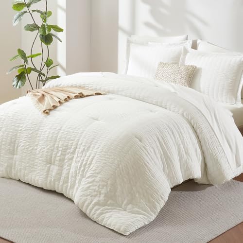 CozyLux Full Size Comforter Sets, 7 Pieces Ivory Seersucker Bed in a Bag by CozyLux