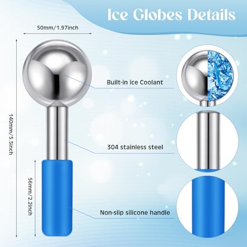 Baderke 2 Pcs Ice Globes for Face Stainless Steel Cooling Globes Unbreakable Cooling Roller Women Ice Balls Cryo Sticks Facials Skin Care for Dark Circles, Puffiness(Silver (Blue Handle)) - Image 2