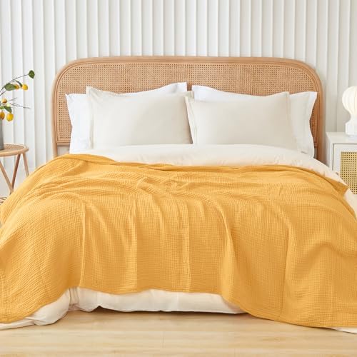 EMME Cotton Muslin Queen Blanket Bed Layering Bedspread Coverlet Breathable Gauze Soft Lightweight Adults (Heather Yellow, 90"x90") - Image 5