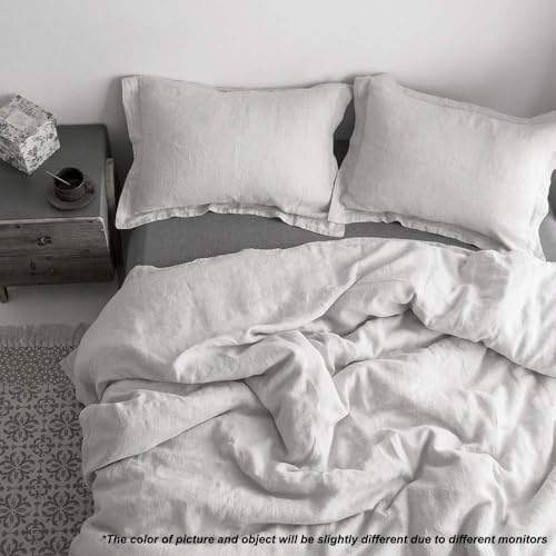 Simple&Opulence 100% Linen Duvet Cover Set with Embroidery Border Washed - 2 Pieces (1 Duvet Cover & 1 Pillow Sham) with Button Closure Soft Breathable Farmhouse - Light Grey, Twin Size - Image 6