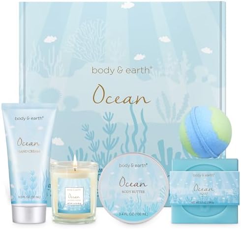 Gifts for Women, Bath and Body Womens Gift Sets with 5 Pcs Ocean Scented Spa Gifts for Women Bath Gift with Scented Candle Body Butter Hand Cream Bath Bomb Mothers Day Gifts by BODYEARTH