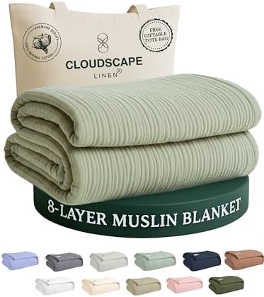CLOUDSCAPE 8 Layer 100% Muslin Blanket for Adults Twin 68"x92" - Sage Green by CloudScapeLinen