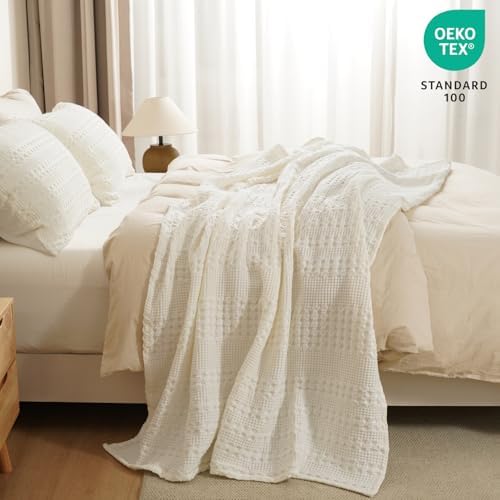 PHF Lightweight 100% Cotton Waffle Throw Blanket for Couch, Ivory - Image 5