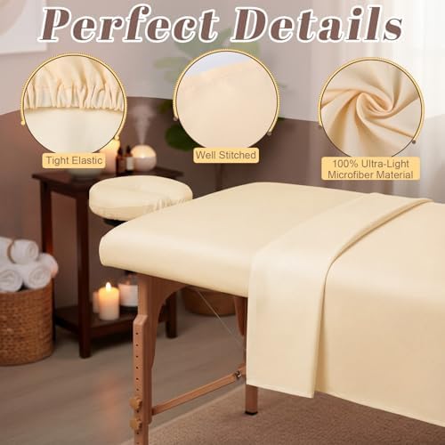 Oudain 4 Sets 3 Piece Soft Microfiber Massage Table Sheets Set Bulk Includes Massage Flat Sheet and Fitted Sheet and Face Rest Cover(Beige) - Image 3