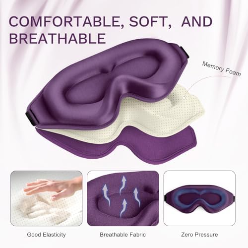 FlyCoco 99% Fully Block Out Light Eye Sleep Mask, 3D Deep Contoured Eyes Cover Zero Pressure, Long Lash Extension Eyes Mask with Adjustable Straps for Sleeping Travel Home Nap Rest Women Men (Purple) - Image 3