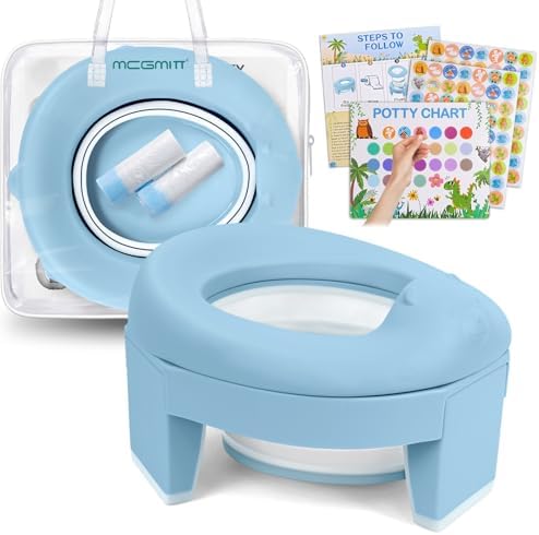 MCGMITT Potty Training Toilet Seat for Toddlers Boys Girls, Portable Baby Toilet Soft EVA Folding Kids Potty Chair Cover with Splash Guard for Travel, Including 3 Non-Slip Feet and Storage Bag (Blue) by MCGMITT