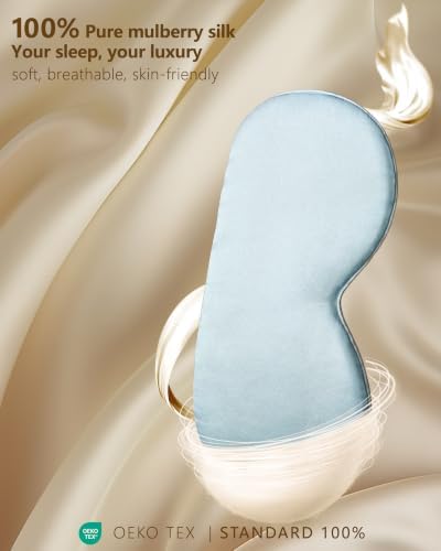 Silk Sleep Mask for Women and Men - Soft Lightweight Breathable Organic Mulberry Silk Blackout Lightproof Eye Mask with Adjustable Straps No Pressure for Travel Office Nap and Gifts (Light Blue) - Image 2