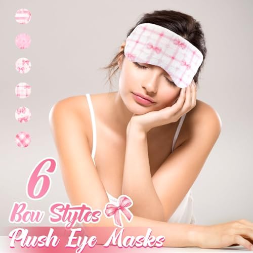 Cuffbow 6 Pack Fuzzy Sleep Masks Plush Eye Mask,Plaid Bow,Pink - Image 4
