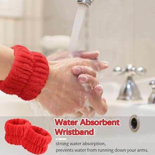 WHAVEL 6PCS Red Spa Headband and Wristbands Set, Valentine's Day Face Wash Headband Wrist Bands for Washing Face Makeup Skincare Hair Band Skin Care Accessories Tools - Image 3