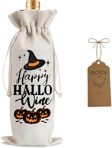 1Pcs Happy Hallo Gifts Wine Bag,Halloween Wine Bag Happy Hallo wine Halloween Gifts Party Decorations for Women Men with 1Pcs Kraft Blessing Cards and natural jute rope by Yourloveisourmotivation%EF%BC%81