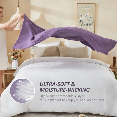 EMME Cotton Muslin King Blanket Bed Layering Bedspread Coverlet Breathable Gauze Soft Lightweight (Heather Purple, 108"x90") - Image 6