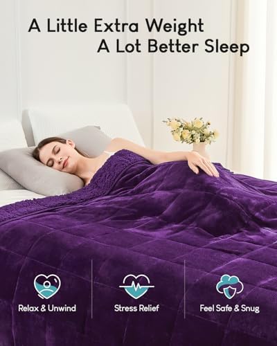 Cottonblue Weighted Blanket 15 lbs Queen Size, Flannel Shaggy Sherpa Weighted Blanket for Adults Comfortable Weighted Blankets for Calming and Relax, Bed Sofa Heavy Blankets, 60x80 inches, Purple - Image 2