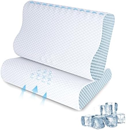 2 Pack Memory Foam Cooling Bed Pillows for Sleeping, Ergonomic Cervical Pillow for Neck and Shoulder Pain Relief, Adjustable Cold Pillow Set of 2,with Pillowcase（Blue） by SUFOR