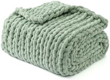 YnM Chunky Throw Blanket, Medium-Weight, Hand Knitted with Chenille Yarn, Skin Friendly, Ventilated and Breathable, Machine Washable, Home Décor Piece for Couch, Sofa and Bed (Sage Green, 30x40 Inch) by YNM
