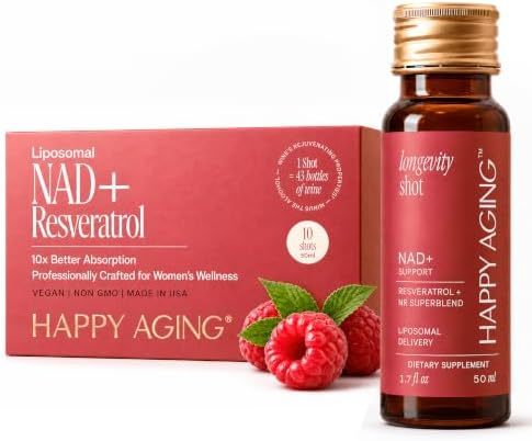 Happy Aging Liquid NAD+ Supplement for Women | Liposomal Nicotinamide Riboside & Resveratrol Shots for Energy, Skin Health & Brain Fog | NMN Alternative with Antioxidants | 10 Shots, 30-Day Supply by HappyAging