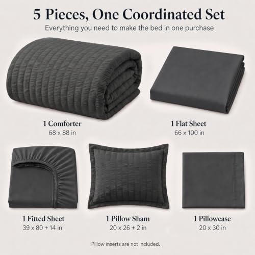 CozyLux Twin XL Comforter Set, 5 Pieces Dark Grey Seersucker Bed in a Bag - Image 2