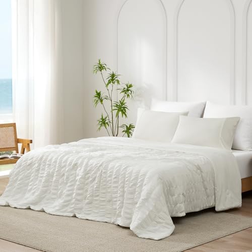 Cozy Bliss Vertical Striped Seersucker Cooling Comforter Queen Size, Lightweight Airflow Silky Cooling Bedding with Q-Max>0.45 for Bedroom, Home Decor, Hot Sleepers & Night Sweats, White 90"x90" by CozyBliss