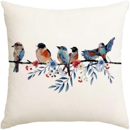 RABUSOFA 4th of July Memorial Day Patriotic Throw Pillow Cover,20x20 Inch Red White and Blue Birds Flowers Independence Day American Fourth of July Decoration for Sofa Couch by RABUSOFA