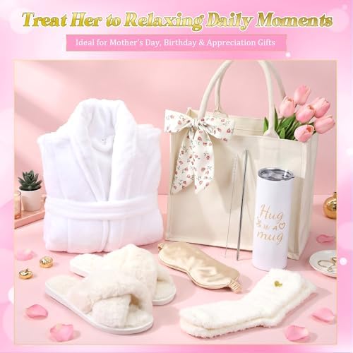 Patelai 7 Pcs Birthday Gifts for Women Spa Robe and Slippers Set Self Care Gift Basket for Women Spa Gift Basket for Friend - Image 6