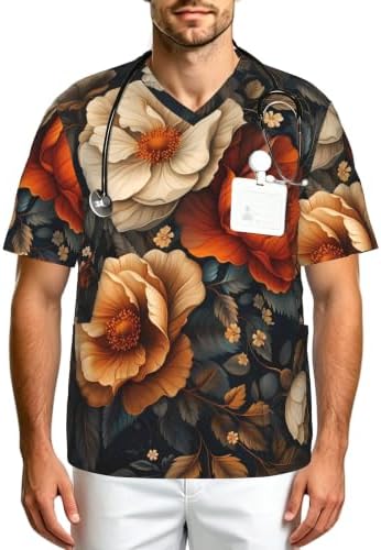 Men's Scrub Top,V-Neck Spill Wrinkle Resistant,3 Pockets-Floral Vintage (2) by Unknown
