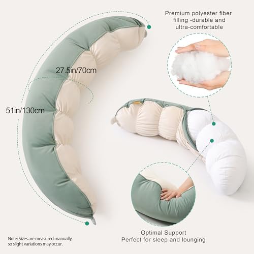 Peallow(Pat. Pend) – Long Round Body Pillow for Adults, Bolster Pillow for Sleeping, Soft and Supportive Pillow for Sleeping & Lumbar Support (Green-White, 39") - Image 3