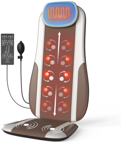 Shiatsu Back Massager with Heat, Massage Chair Pad Seat Cushion for Stress Relief, Deep Tissue Kneading & Roller, 2 Vibration Motors, Back Waist Hip Massager, PU Leather, with 2 Adapters by COMRELAX