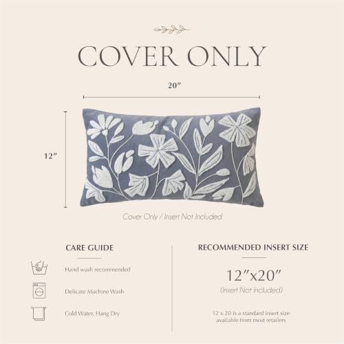 BlissBlush Decorative Lumbar Pillow Cover 12x20, Coastal Dusty Blue Accent Velvet Throw Pillowcase for Couch Sofa Living Room, Floral Tufted Rectangular Cushion, Cover Only - Image 6