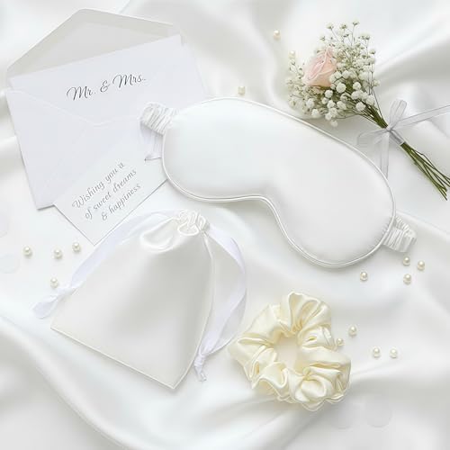 White Sleep Eye Mask, Blackout Silk Satin Travel Blindfold Set Women - Image 5