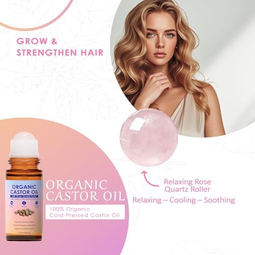 Organic Castor Oil Rose Quartz Roller Ball, Castor Oil Roll-On old-Pressed Pure Organic Golden Castor Oil Roller Ball for Hair Growth, Eyelashes, Eyebrows & Skin, 1.7 fl oz(1) - Image 2