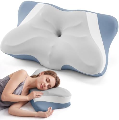 Sweetcrispy Queen Cervical Pillow for Neck and Shoulder - Ergonomic Memory Foam Pillows, Contour Side Sleeper for Adults, Cooling Orthopedic Neck Support for Back Stomach Sleepers, Grey & Blue by Sweetcrispy