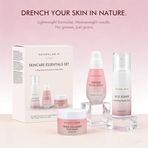 Natural Amor Skincare Set (3 Products) – Triple Collagen Cream 1.7oz, Peptide Serum 1oz & Toner – Hydrating & Firming Skin Care Set – Daily Routine - Image 2