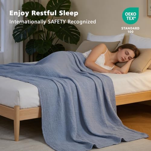 EMME Cotton Muslin Queen Blanket Bed Layering Bedspread Coverlet Breathable Gauze Soft Lightweight Blankets (Heather Dusty Blue, 90"x90") - Image 5