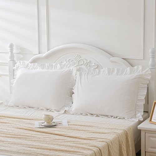 2 Pack Shabby Off White Ruffle Pillow Shams Standard Size, 20x26 Inches by Qilunn