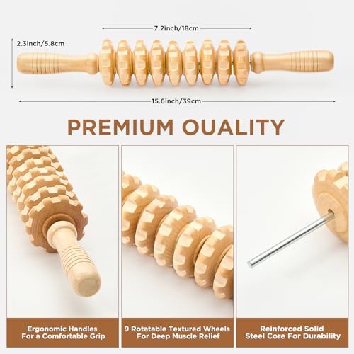 Wooden Cellulite Muscle Roller for Legs and Thighs - Handheld Fascia Blaster Tool for Muscle Relief, Lymphatic Drainage & Body Sculpting - Anti Cellulite Massager for Women and Men (9 Wheel) - Image 2