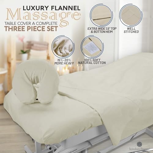 LONDON LINENS Pack of 2 Extra Thick 3 Piece Massage Table Sheets Set - 100% Natural Cotton Flannel - Includes Massage Table Cover, Massage Fitted Sheet, and Massage Face Rest Cover (Natural) - Image 4
