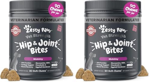 Zesty Paws Vet Strength Mobility Bites Beef & Bacon Flavor Hip & Joint Support Chews for Dogs with Glucosamine, Chondroitin, MSM, Hyaluronic Acid & Serrazimes - 90 Count (Pack of 2) by ZestyPaws