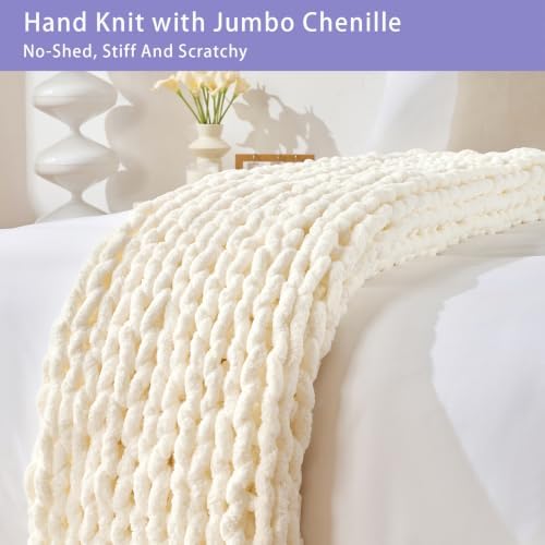 Bigacogo Chunky Knit Throw Blanket for Couch, 51x63 inches, Ivory - Image 6