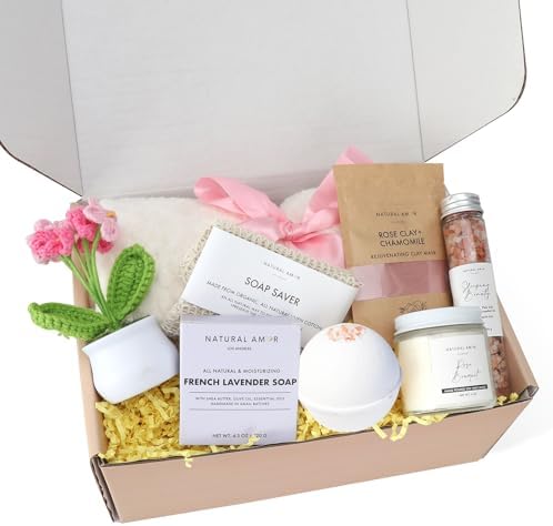 Natural Amor 8-Piece Spa Gift Set with Blanket – Self-Care Box with Rose Clay Mask, Bath Bomb, Goat Milk Soap, Candle– Relaxation Gift for Women – Pink Ribbon Blanket - Image 3