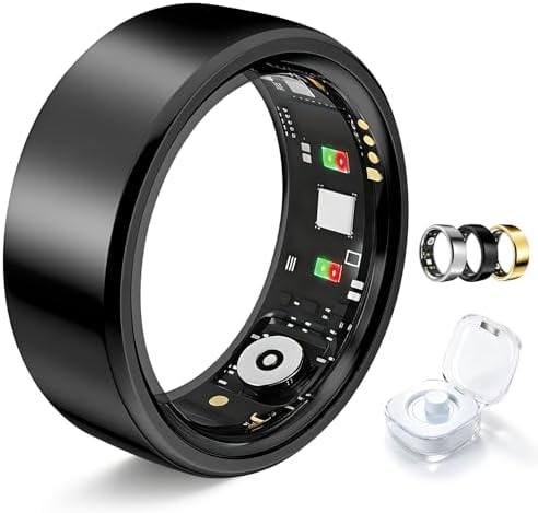 Smart Ring for Women Men Fitness Tracker Heart Rate Sleep Trends 128 Sports Modes Gesture Control Cycle Tracking IP68 Waterproof No Subscription Compatible with iPhone Android (Black, Size 7) by Unknown